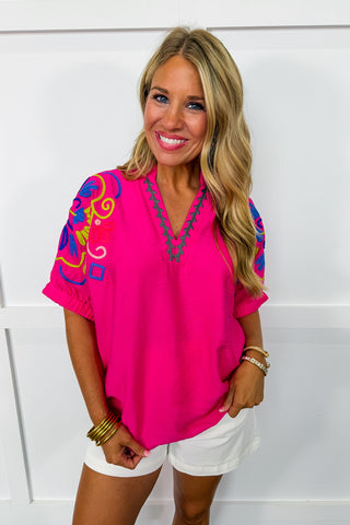 Blooming Bright Embroidered Top in Fuchsia