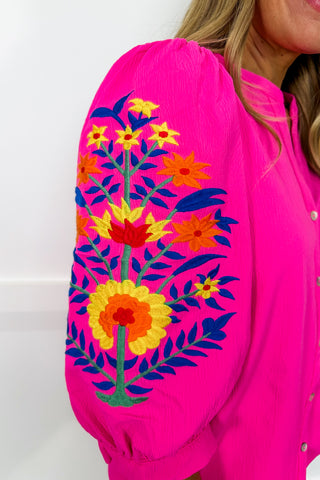 Embroidered Puff Sleeve Top in Hot Pink