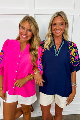 Blooming Bright Embroidered Top in Navy