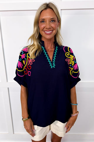 Blooming Bright Embroidered Top in Navy