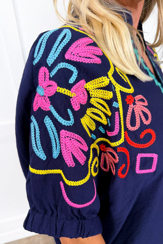 Blooming Bright Embroidered Top in Navy