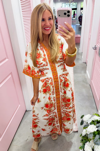 Sunset Rose Button Front Midi Dress