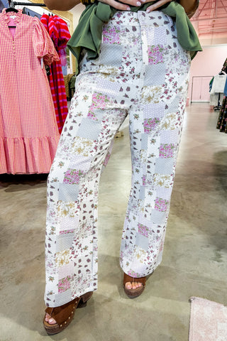 Garden Patchwork Wide Leg Pants in Plum Mix