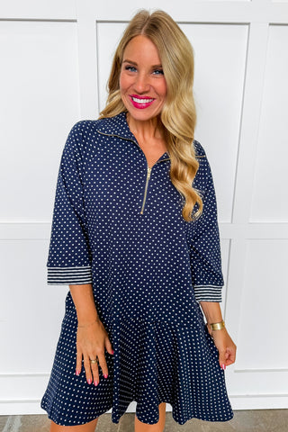 The Everly Dot Flare Hem Dress in Navy & White