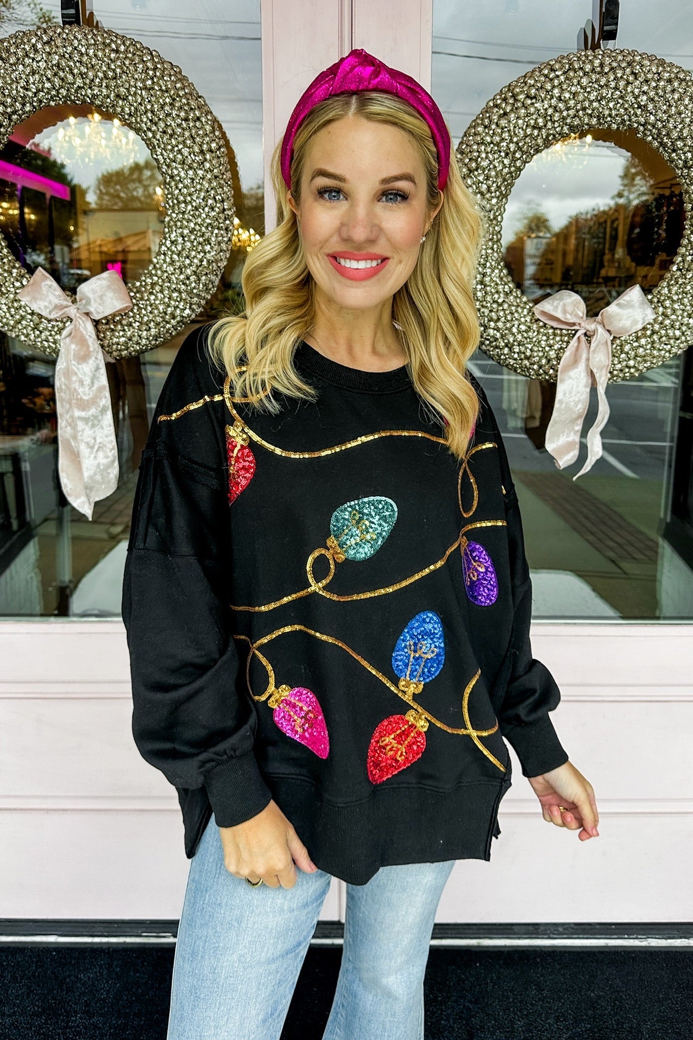 Oversized Sequin Christmas Lights Black Long Sleeve Top