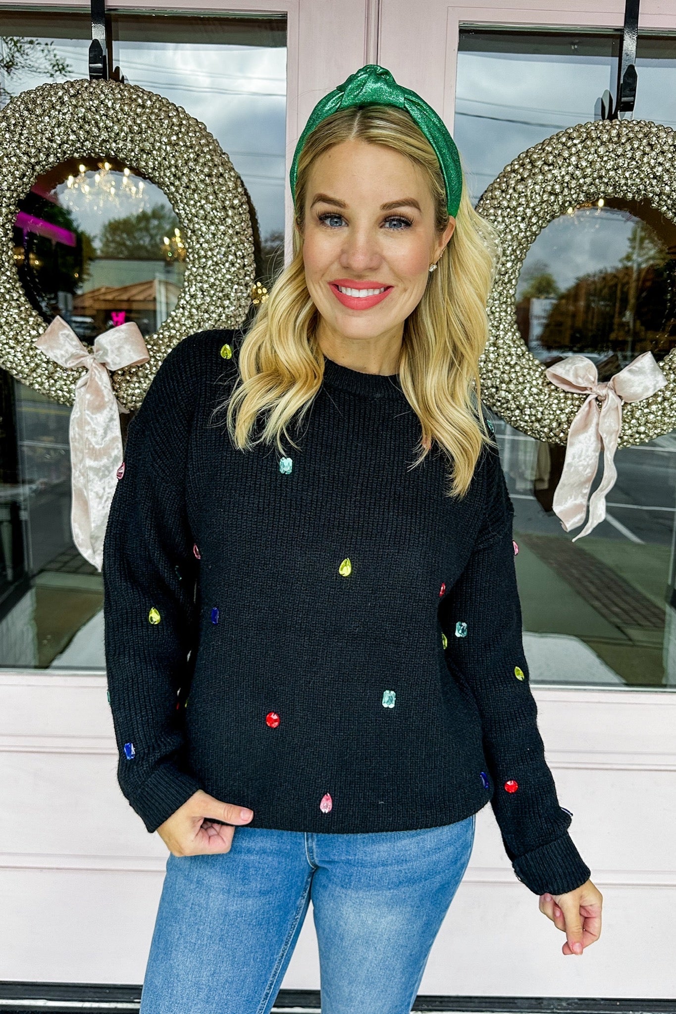 Multi Color Gemstone Knit Sweater in Black