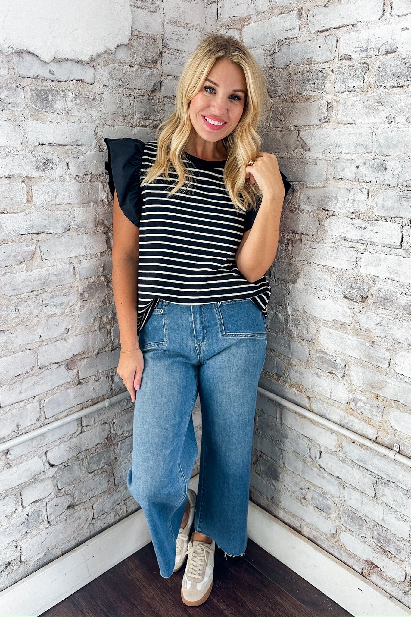 Striped Ruffle Cap Sleeve Top in Black