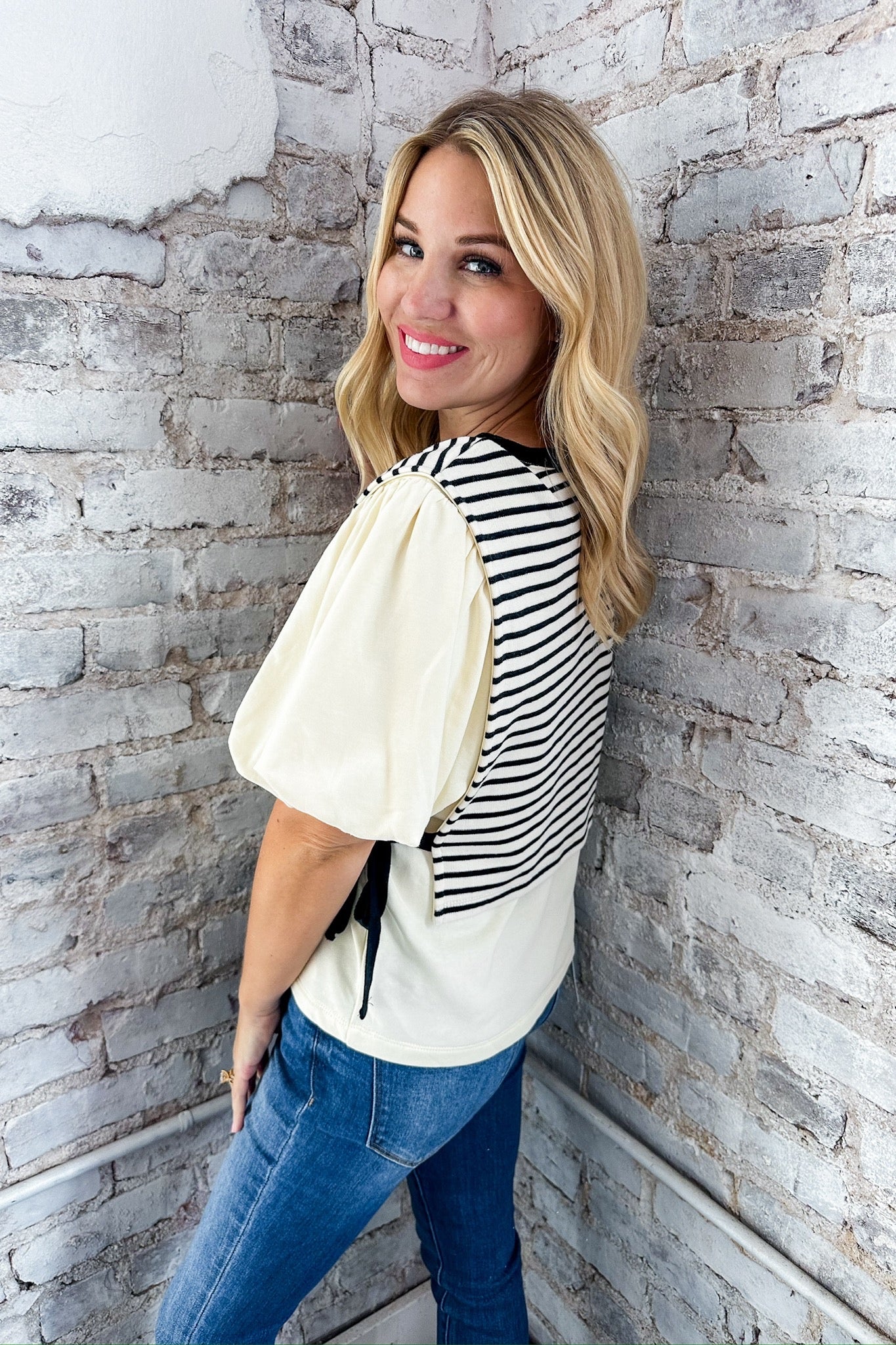 Black Striped Layered Contrast Side Tie Cream Top