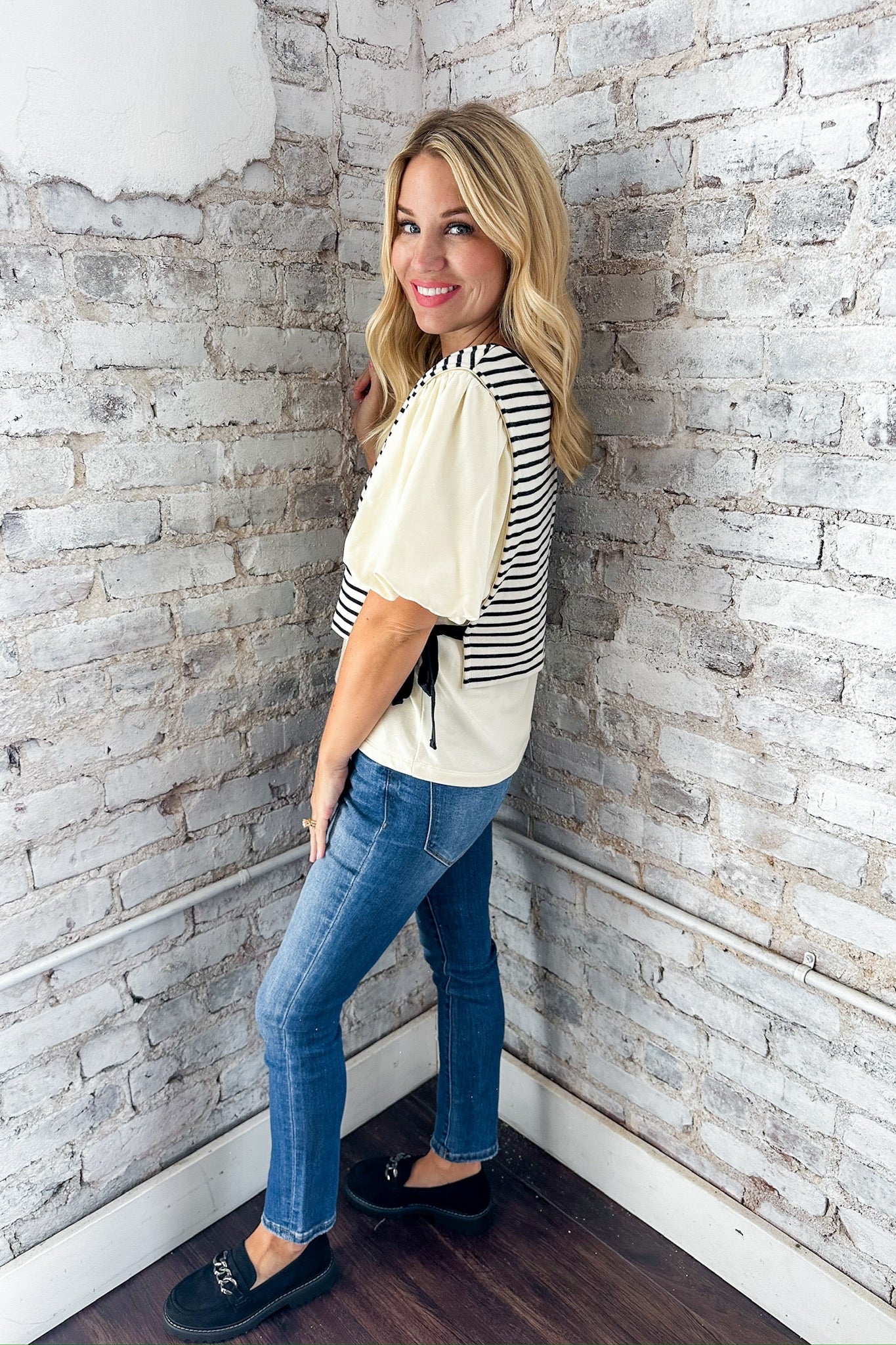 Black Striped Layered Contrast Side Tie Cream Top