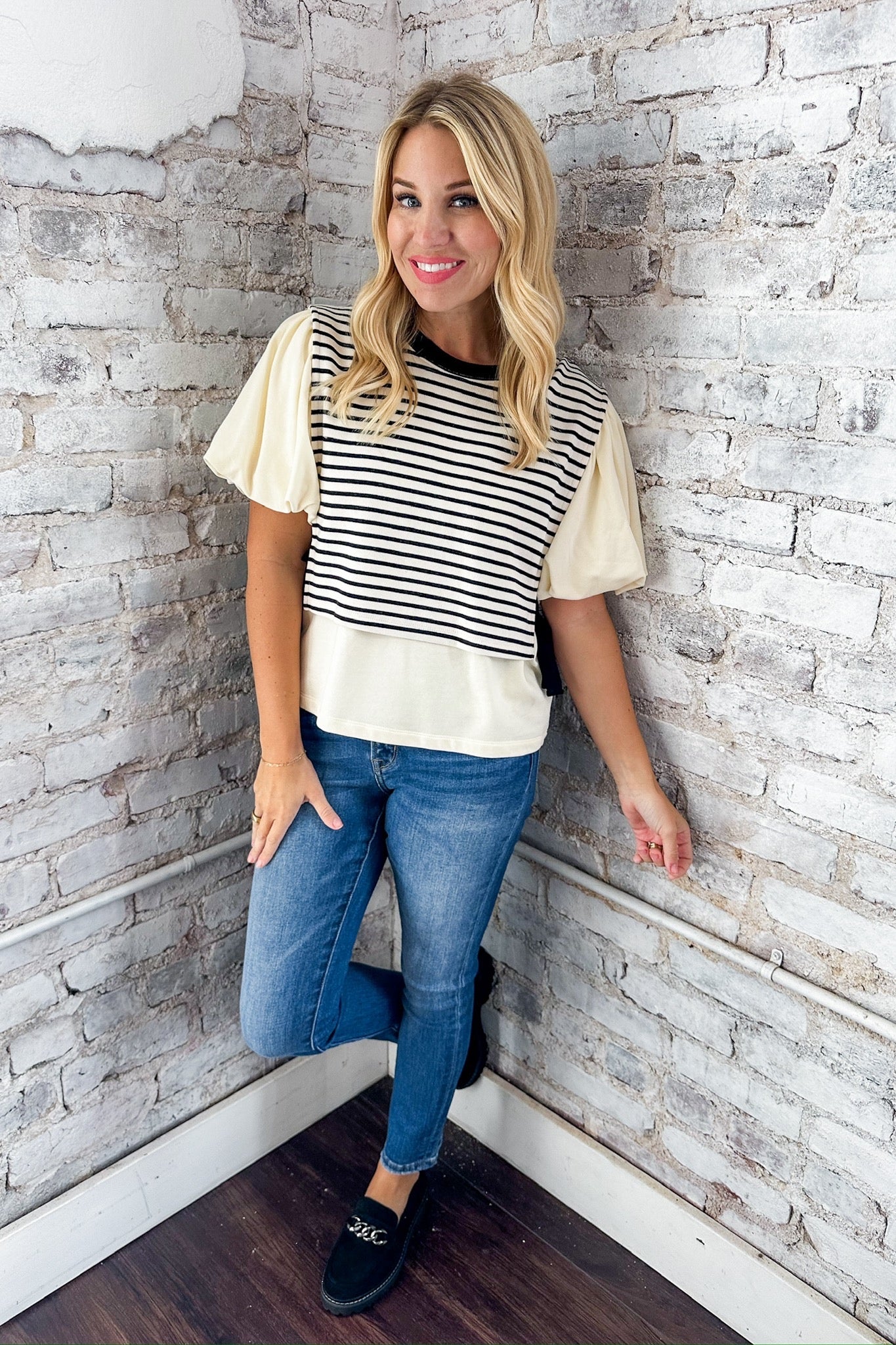 Black Striped Layered Contrast Side Tie Cream Top