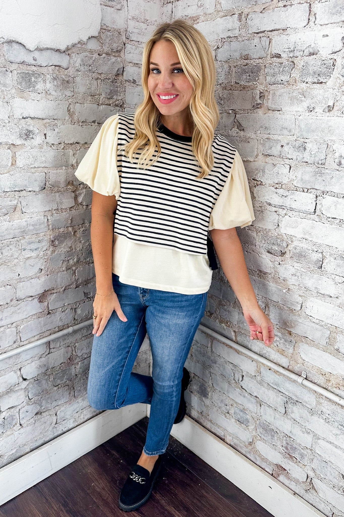 Black Striped Layered Contrast Side Tie Cream Top