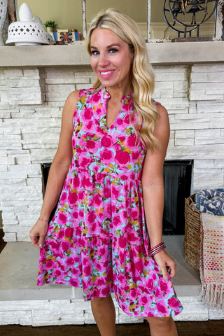 The Lizzy Tiered Pocket Dress in Aqua/Pink Floral