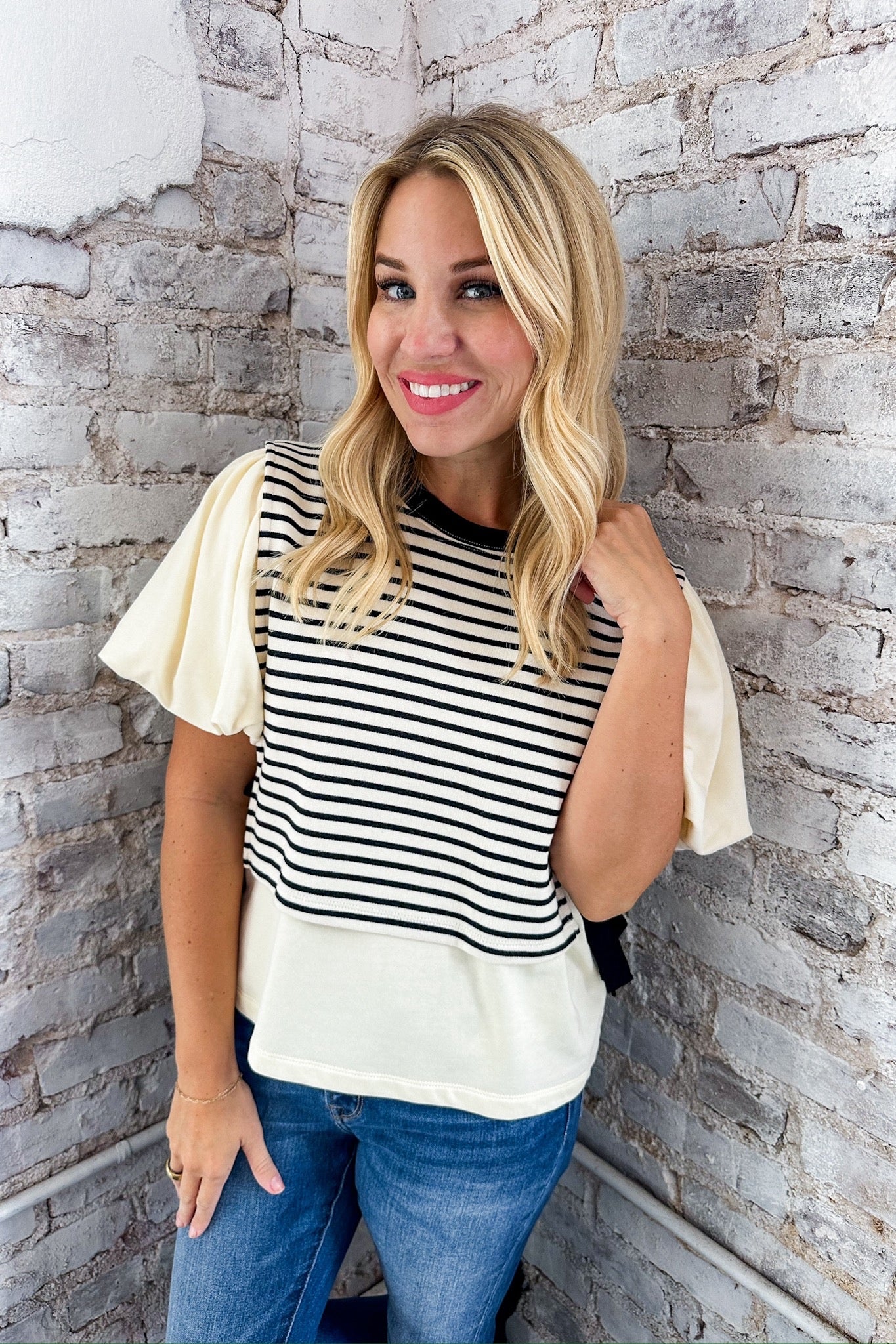 Black Striped Layered Contrast Side Tie Cream Top