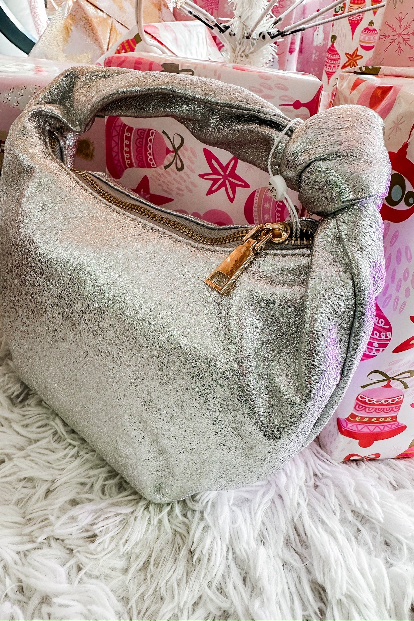 The Chrissy Knotted Top Handle Metallic Bag in Silver