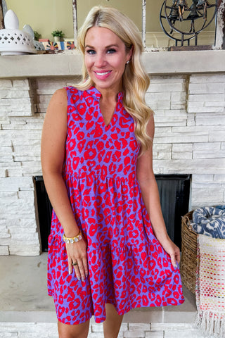 The Lizzy Tiered Pocket Dress in Violet/Red Cheetah Print
