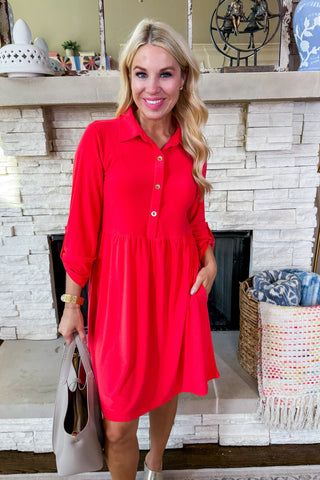 Inspire Me Button Front Dress in Red