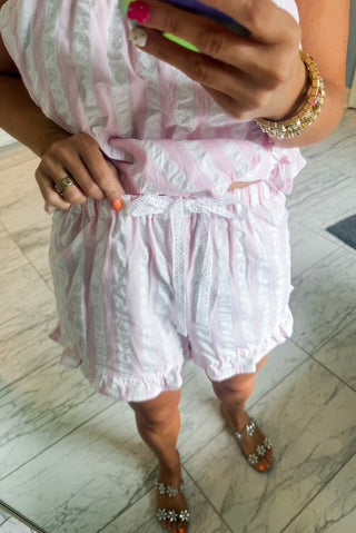 Tie Top Short Set- Pink Textured Stripe