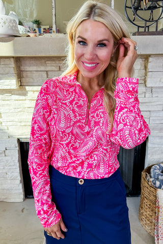 The Marina Quarter Zip Pullover in Pink Paisley