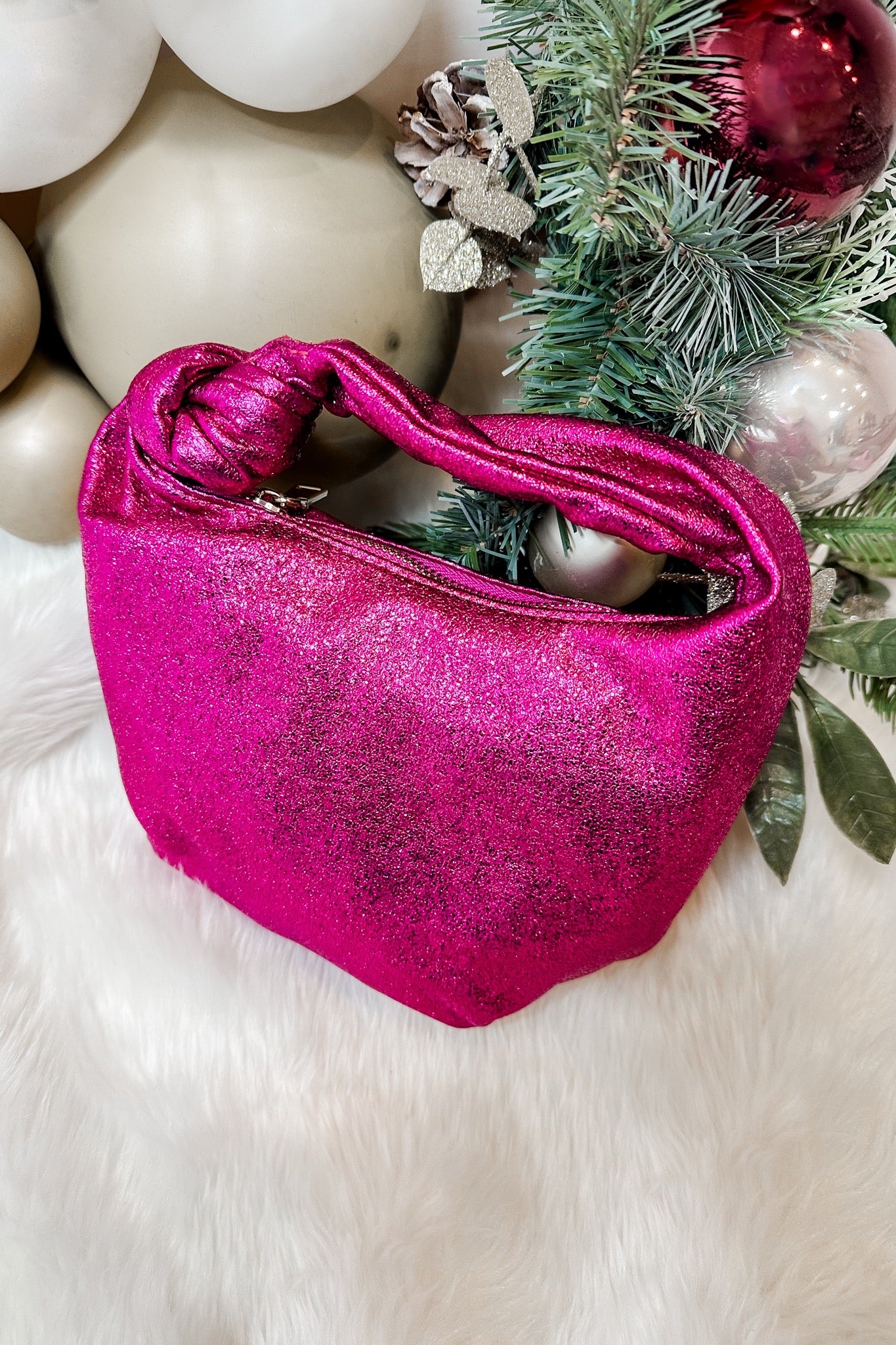 The Chrissy Knotted Top Handle Metallic Bag in Magenta