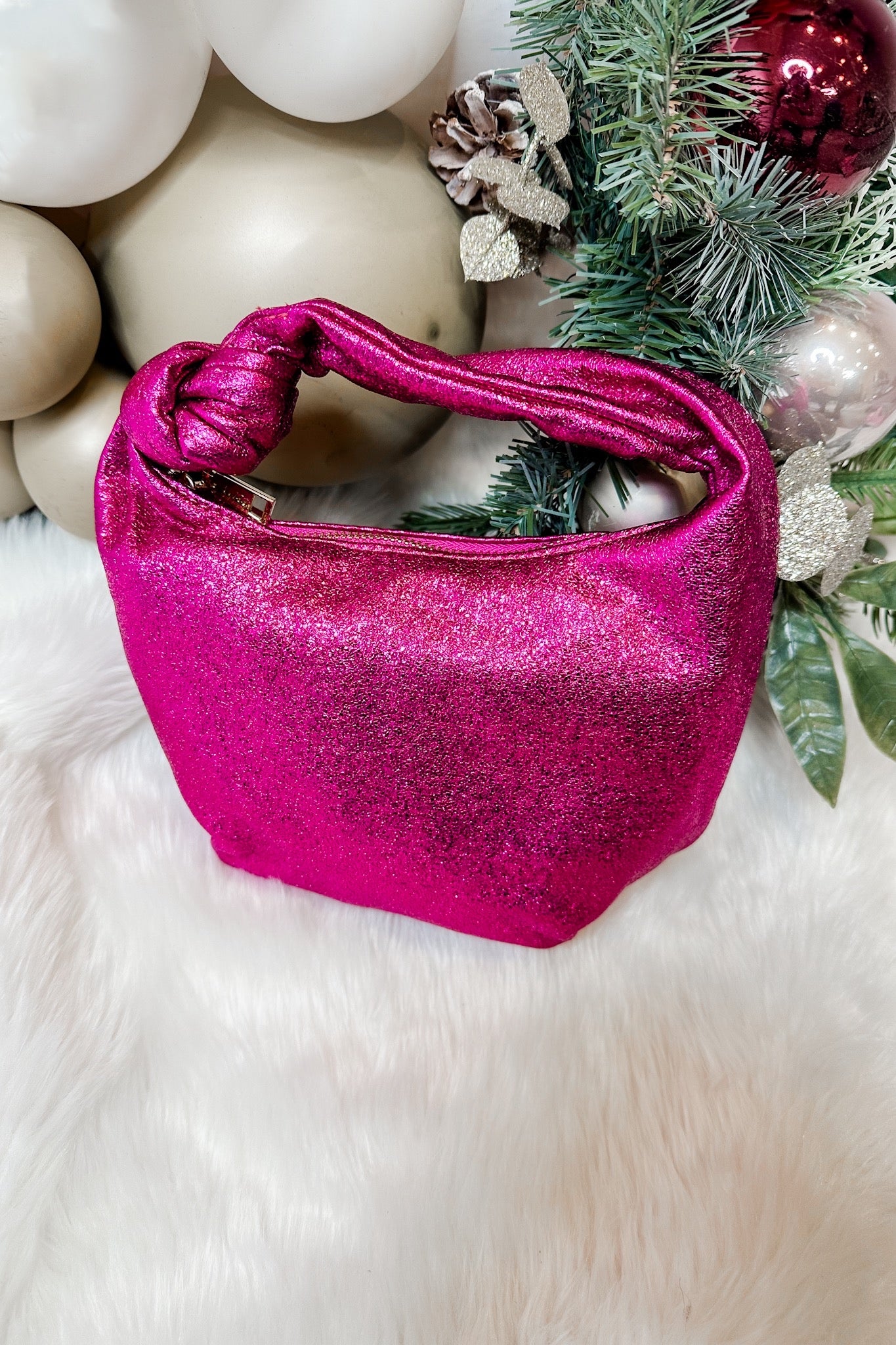 The Chrissy Knotted Top Handle Metallic Bag in Magenta