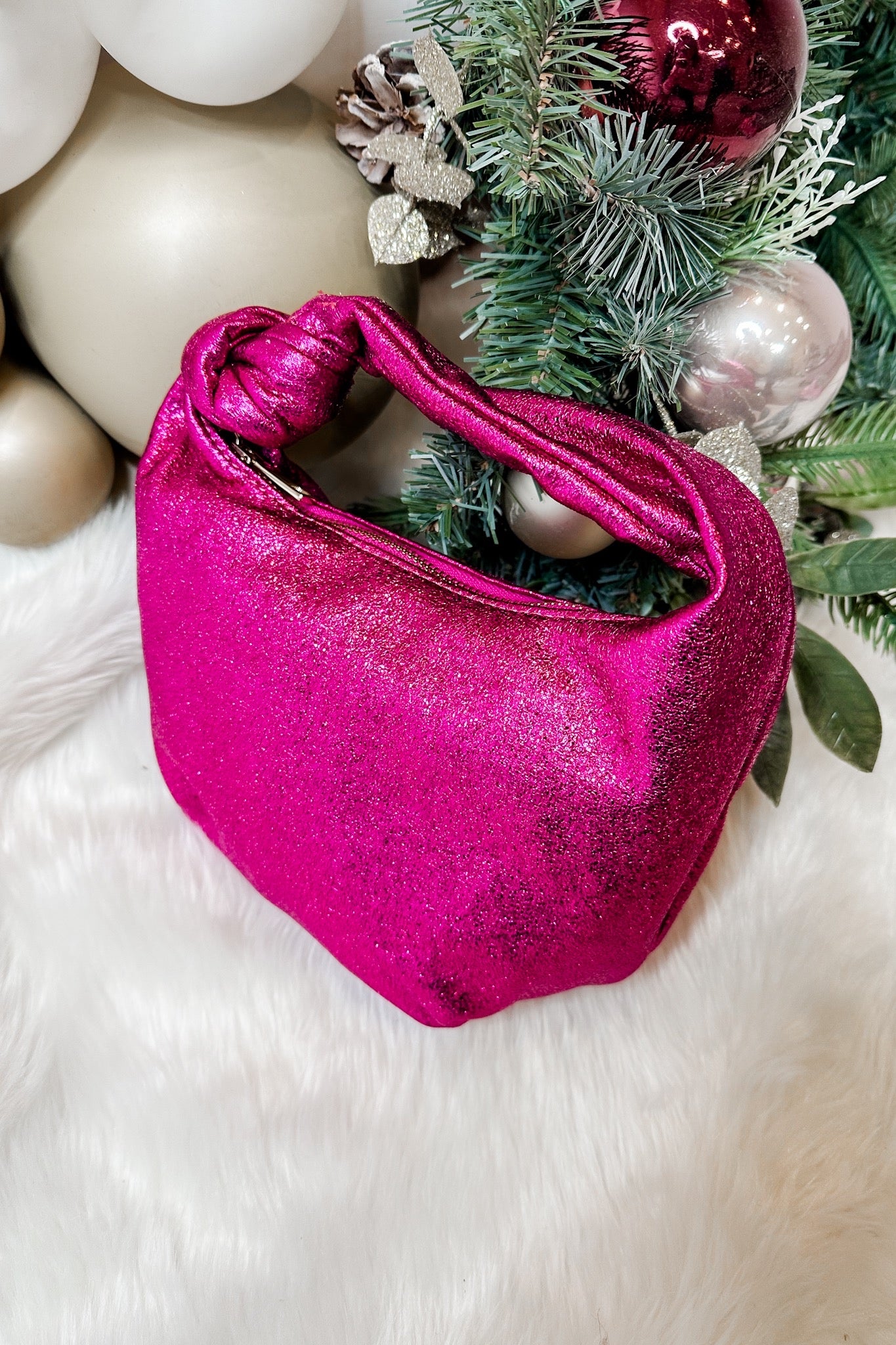 The Chrissy Knotted Top Handle Metallic Bag in Magenta