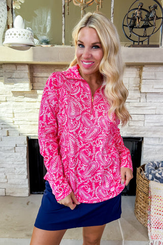 The Marina Quarter Zip Pullover in Pink Paisley