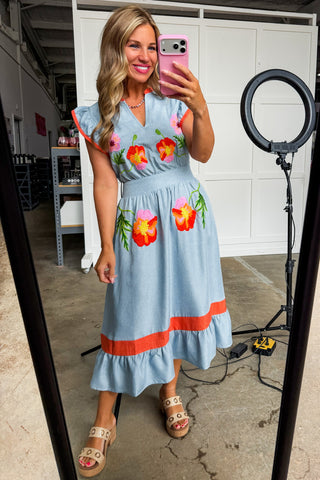 Meadow Thread Embroidered Midi Dress in Denim Blue