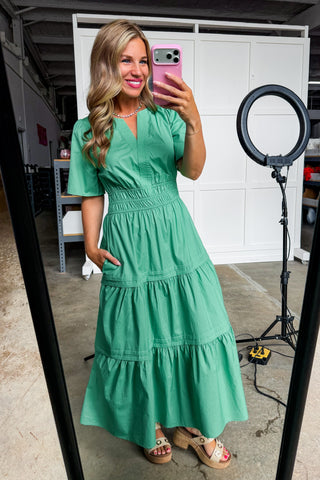 Elegance Smocked Midi Dress in Green