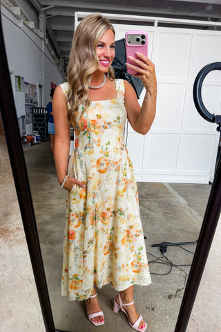 Southern Summer Orange Floral Midi Dress Small