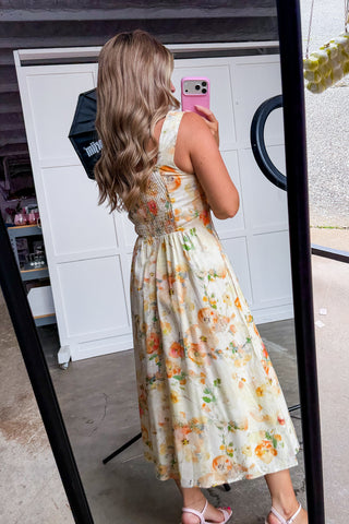 Southern Summer Orange Floral Midi Dress