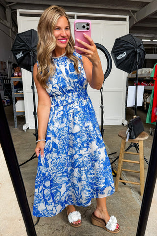 Skies & Brunch Floral Midi Dress in Blue