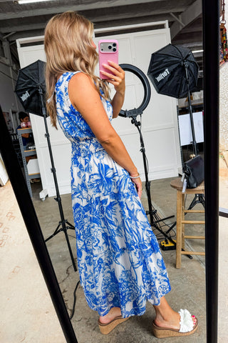 Skies & Brunch Floral Midi Dress in Blue