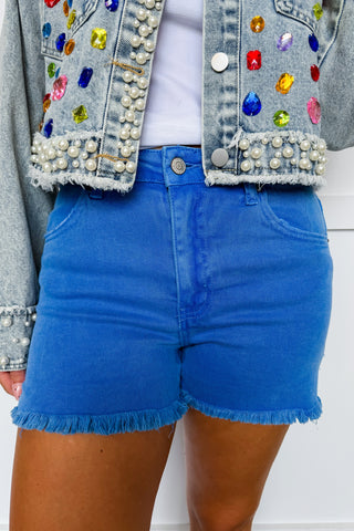 Everyday Frayed Hem Denim Shorts in Ocean Blue