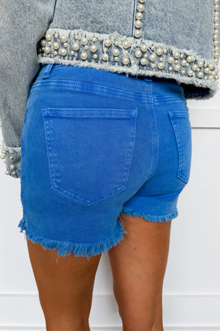 Everyday Frayed Hem Denim Shorts in Ocean Blue