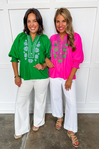 Easy Charm Embroidered Top in Green