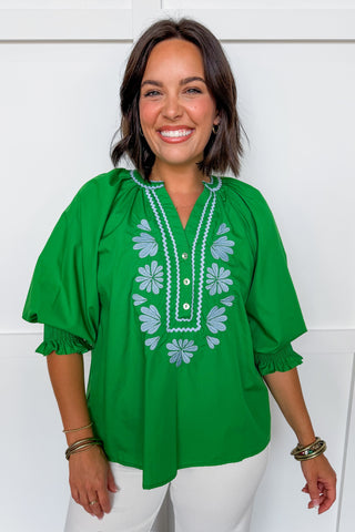 Easy Charm Embroidered Top in Green