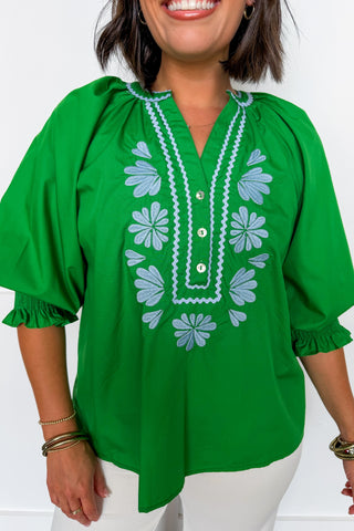 Easy Charm Embroidered Top in Green