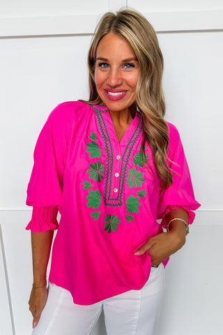 Easy Charm Embroidered Top in Hot Pink
