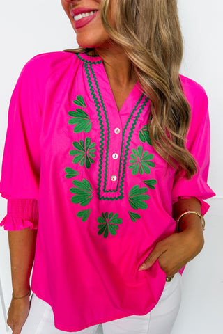 Easy Charm Embroidered Top in Hot Pink