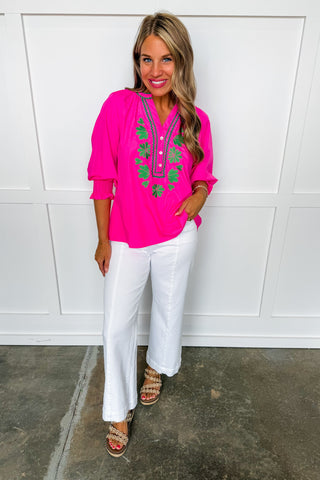 Easy Charm Embroidered Top in Hot Pink