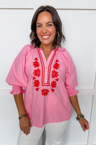 Easy Charm Embroidered Top in Baby Pink