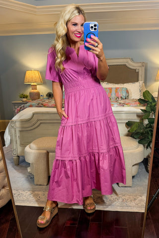 J&J Best Seller - Smocked Elegance Midi Dress in Mauve Pink