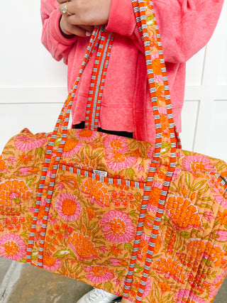 Travel in Style Quilted Duffle Bag in Orange & Pink Floral