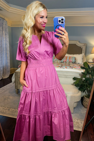 J&J Best Seller - Smocked Elegance Midi Dress in Mauve Pink