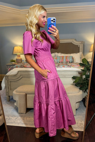 J&J Best Seller - Smocked Elegance Midi Dress in Mauve Pink