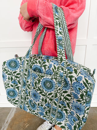 Travel in Style Quilted Duffle Bag in Blue & Green Floral