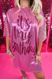 It's My Birthday Sequin Sleeve Dress in Pink