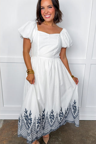Ivory Tide Sweetheart Neck Navy Embroidered Hem Midi Dress Jules & James Boutique Ivory Tide Sweetheart Neck Navy Embroidered Hem Midi Dress Jules & James Boutique