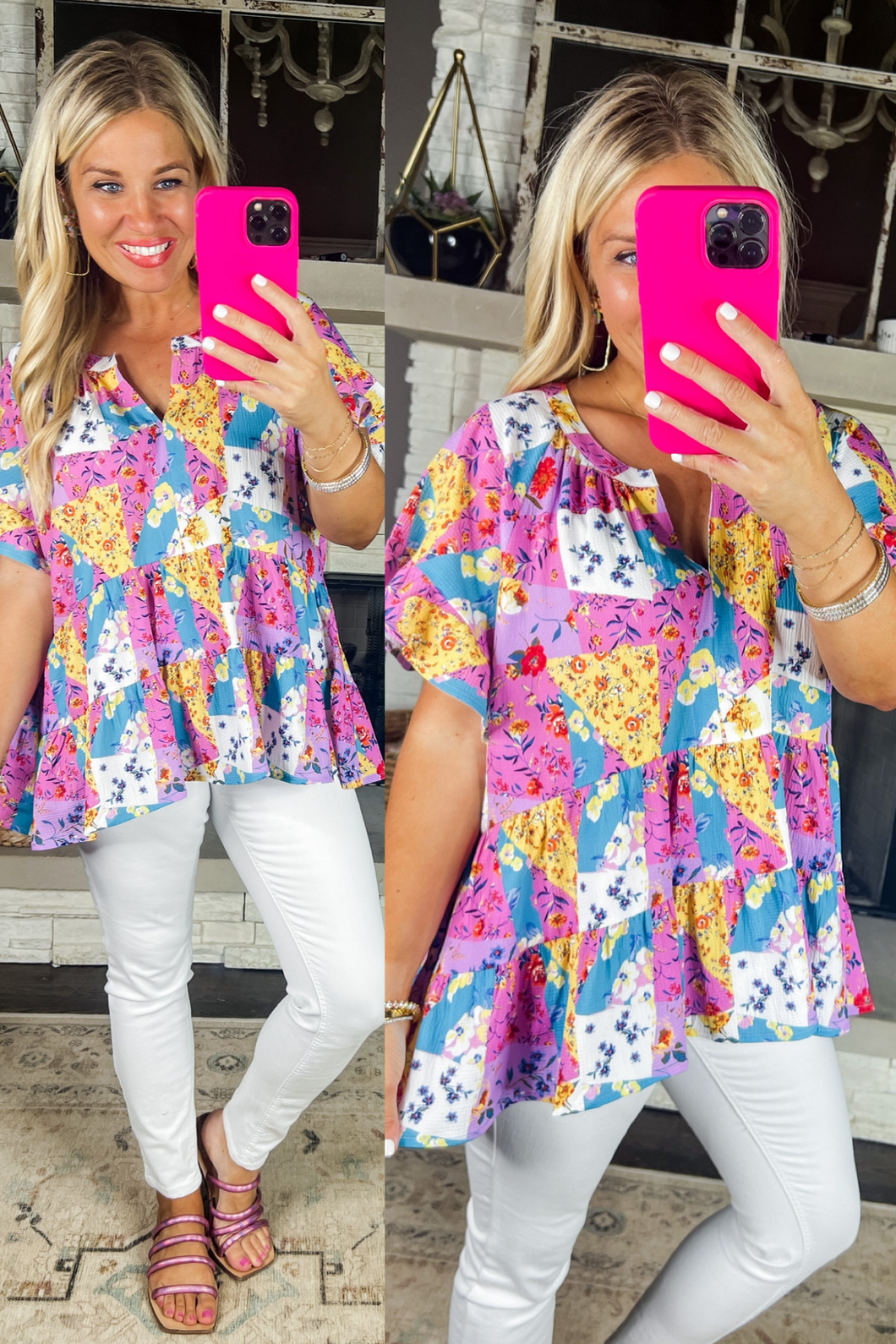 Ruffle Tiered Multi Patchwork Babydoll Top
