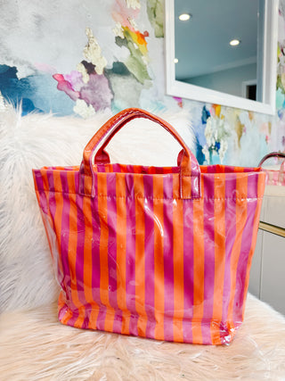 Beverly Hills Pool Bag in Pink/Orange Striped Tote
